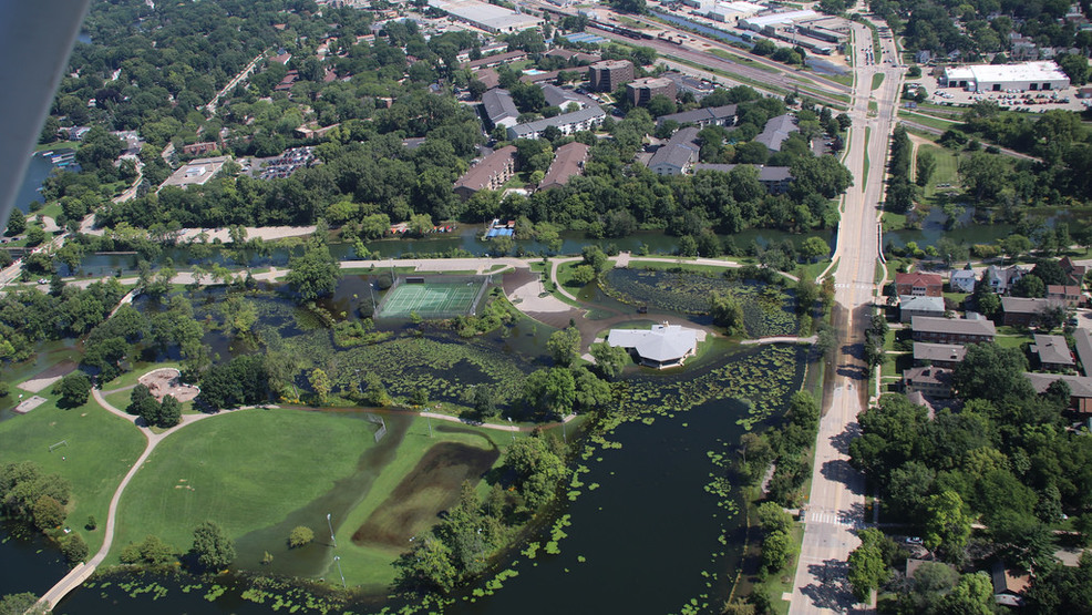 The Yahara River overflows its banks near Tenney Park on the east side of Madison, August 23, 2018. (Photo courtesy Wisconsin Air Coordination Group and Drone Network)