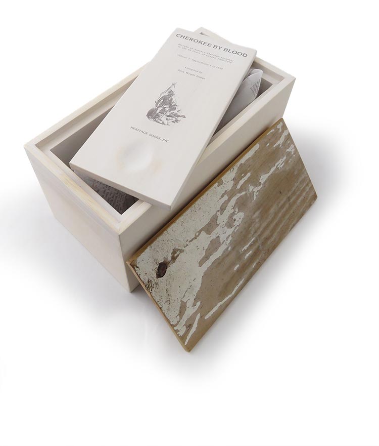Final Determinations: Cherokee by Blood, 2017-2021, Vol. 1. Varied edition of 10 artist's books with 10 unique lost wax casts of birds. Ash wood, screenprint, procion dye, silk organza, and bronze. Dimensions variable.