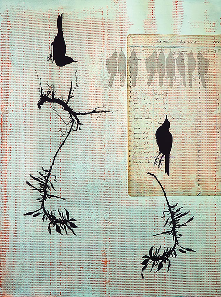 Gnatcatchers and Sage with Tax Documents, 2017. Screenprint on glazed Rives paper and chine collé, 30 x 22 inches.