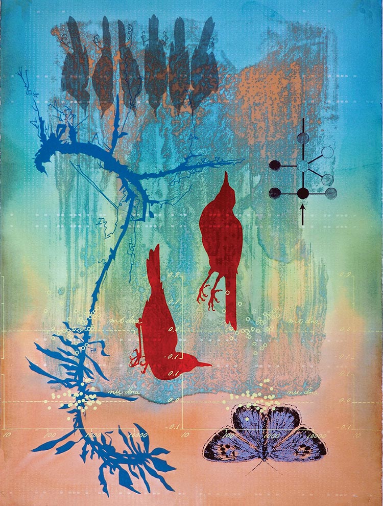 They Still Lie for the Land, 2015. Screenprint on dyed paper, 20 x 16 inches.