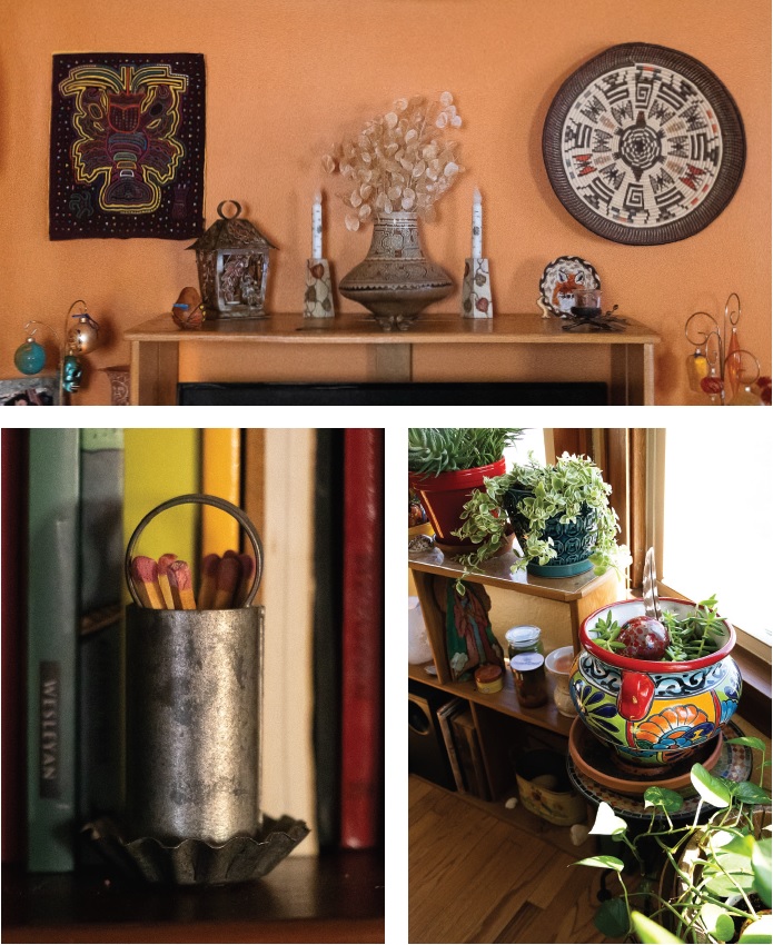 Photos of the Cárdenas home, pottery, plants, containers on display