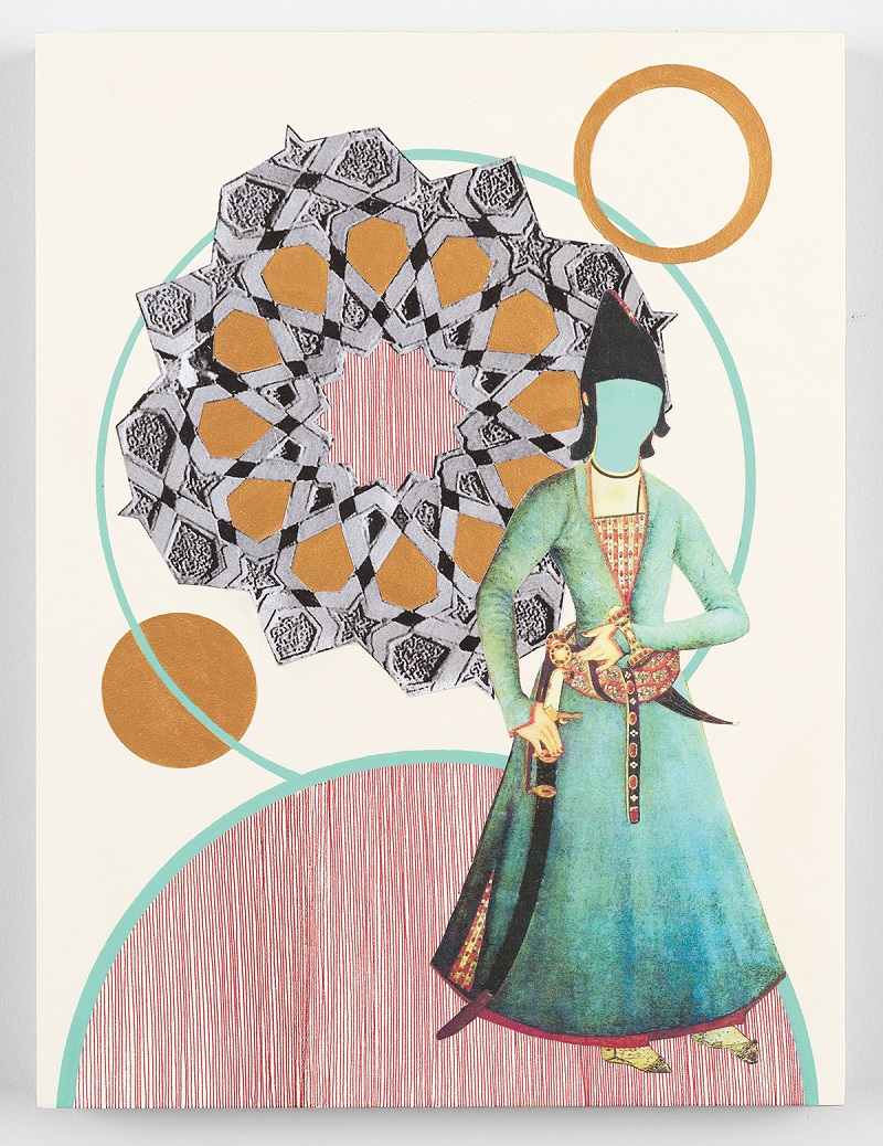 Nina Ghanbarzadeh, People of Qajar era in my studio III, 2024, line drawing, gouache, and collage on paper mounted on wood panel