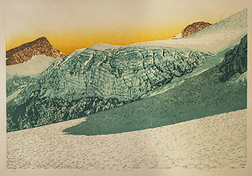 Todd Anderson, Blackfoot Glacier – The Last Glacier, 2014. Reductive jigsaw woodcut, 20 by 30 inches.