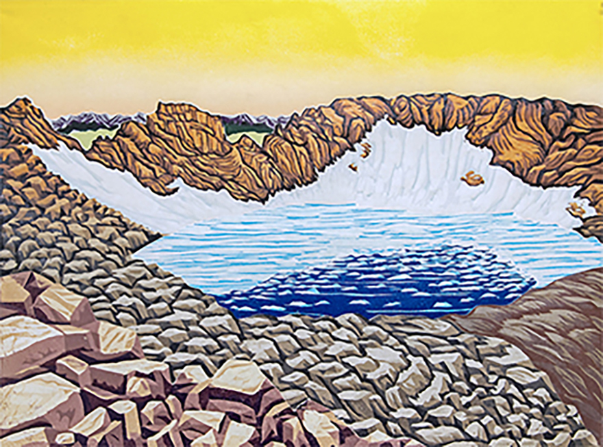 Bruce Crownover, Rowe Glacier, 2017. Reductive woodcut, 18 by 24 inches.
