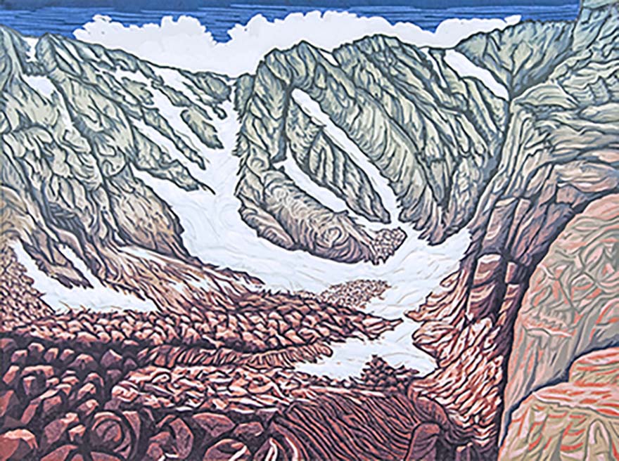 Bruce Crownover, Taylor Glacier, 2017. Reductive woodcut, 18 by 24 inches.