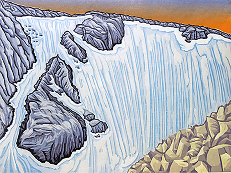 Bruce Crownover, Tyndall Glacier, 2017. Reductive woodcut, 18 by 24 inches.