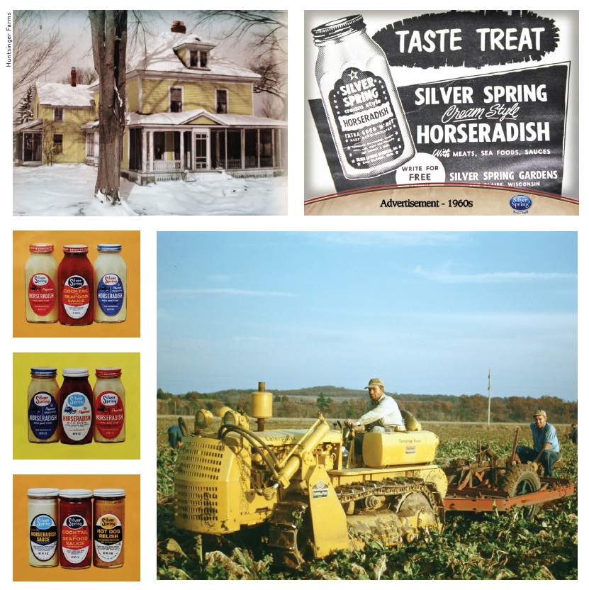 Clockwise from top left: Huntsinger Homestead, 1915; An advertisement from the 1960s; Huntsinger Farms processes eight to nine million pounds of horseradish (between 700-800 acres) from its 5,000-acre farm each year. The rest of their land is planted in corn, soybeans and other forage crops; In addition to horseradish, Silver Spring Foods, a subsidiary of Huntsinger Farms, processes and sells a variety of mustards, sauces, and other food products.