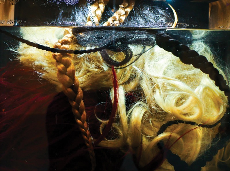 In Living Hair: Setting 001 [detail shot] 2024, Water, 2 lace-front wigs, kanekalon hair, tank with light – 12” x 6” x 8”