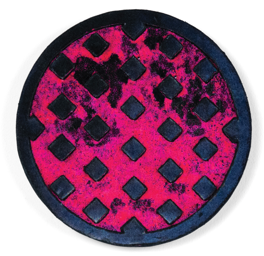 J Myszka Lewis, Access Cover 16, 2019. Dye sublimation print on velvet, mounted to carved wood panel, with flocking; 10 by 10 by 3/4 inches.