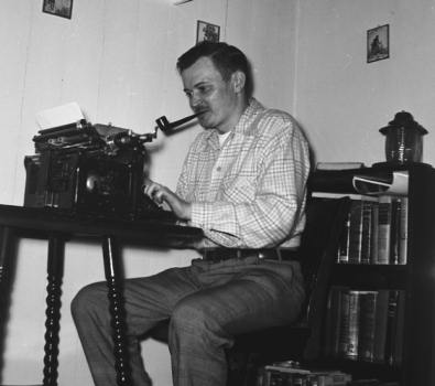 Jack Ritchie at his typewriter, 1959. Photo courtesy of Steven Reitci.