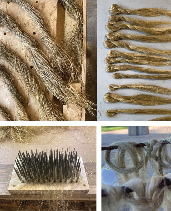 Top: Dried flax twisted into slivers. Above left: The combs used to process flax into linen fibers are called heckles or hackles. Above right: Cleaned fibers that are ready to be spun into linen yarn for textiles.   All photos by Leslie Schroeder