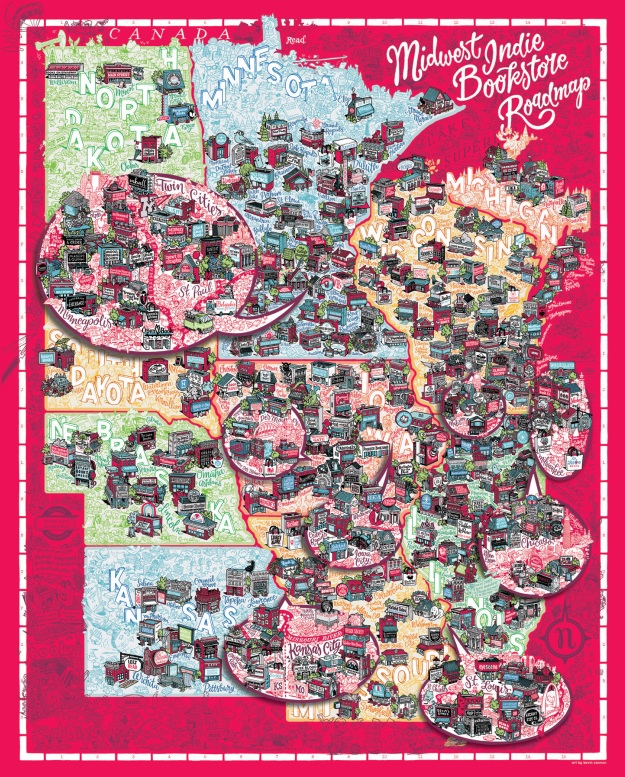 Released annually in April, the Midwest Indie Bookstore Roadmap celebrates the bookstores in the Midwest Independent Booksellers Association. Printed with permission from MIBA.