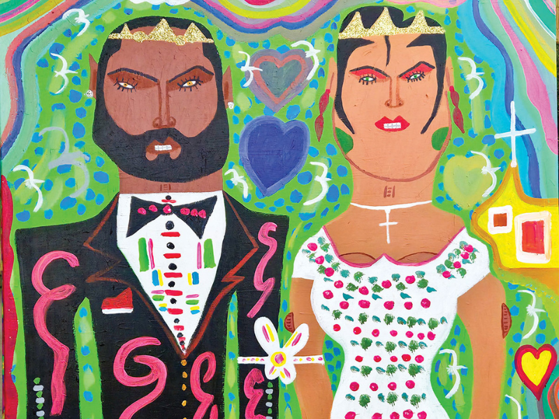 Romano Johnson. Alou and His Wife. 2025. Acrylic and glitter on canvas. 48x48 inches. Romano Johnson. Alou and His Wife. 2025. Acrylic and glitter on canvas. 48x48 inches.
