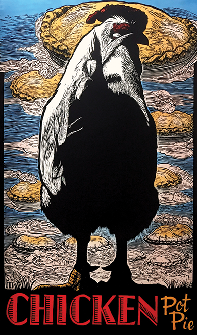 S.V. Medaris, Chicken Pot Pie. Hand-colored woodcut, 65 x 41 inches. 