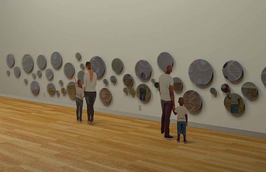 A rendering of the art installation Genetic Reflections, a project from the lab of UW–Madison genetics Professor Ahna Skop that debuted in the UW–Madison Biotechnology Center in the spring of 2018 and then traveled to the Wisconsin Science Museum and other venues. Photo by Damien Skop