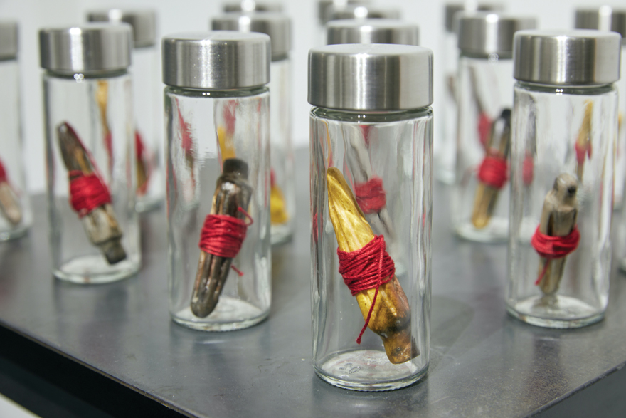 Valaria Tatera, Processed: Missing and Murdered Indigenous Women, Girls, and 2S, 2020. Ceramic, thread, glass, steel;  dimensions variable.
