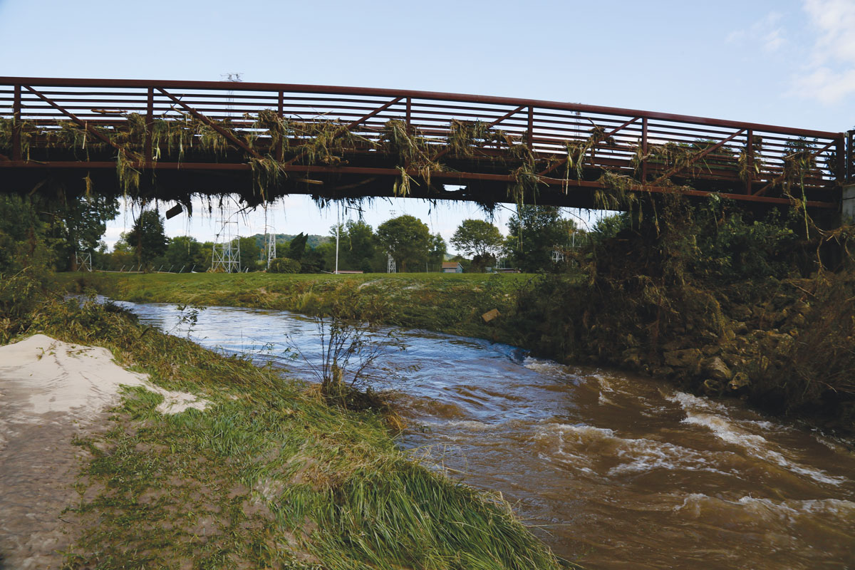 Two days after the flood, the water levels in Coon Valley were near normal. However, on the Coon Valley Walking Bridge near the park is a reminder of just how high the water level was when peak flooding brought waters to over 25 feet above normal levels. Photo by Jon Lee.