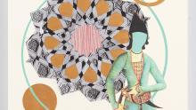 Crop of Nina Ghanbarzadeh, People of Qajar era in my studio III, 2024, line drawing, gouache, and collage on paper mounted on wood panel