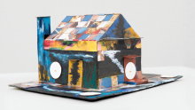 M. Winston, used with permission from Portrait Society Gallery, Untitled (Oatmeal Box House), 2022. Acrylic paint, paper, beads, collaged food boxes, and cardboard. 4x7.5x6 inches.