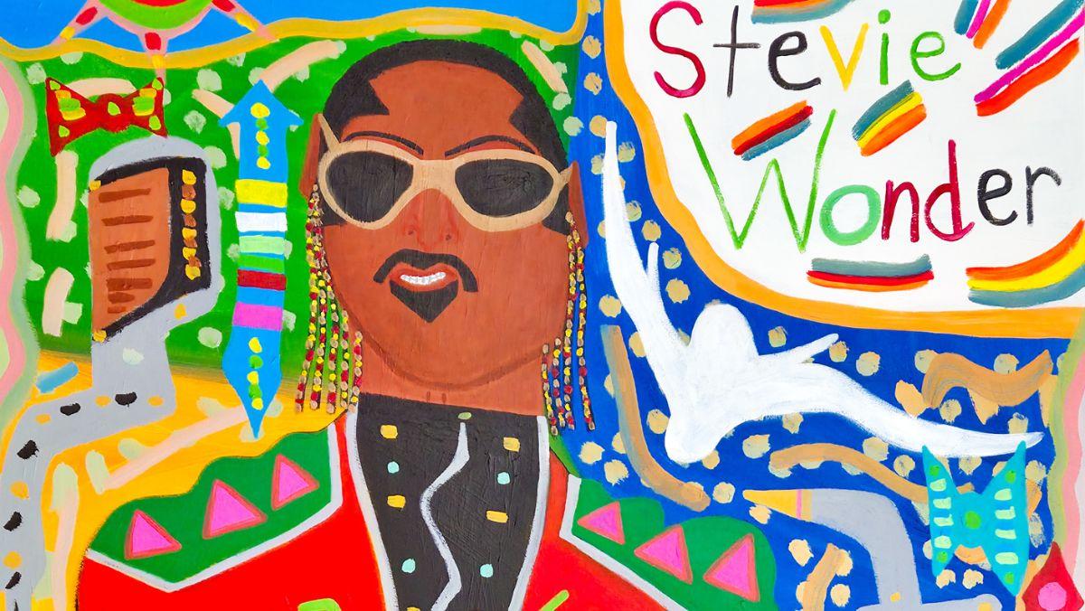 Colorful painting of Stevie Wonder against abstract background with his name spelled out in upper right corner