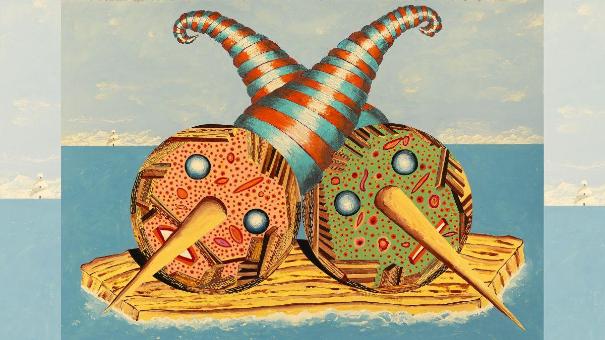 Painting of two abstract heads with large wooden noses wearing colorful striped caps on a raft floating in water with sky in background