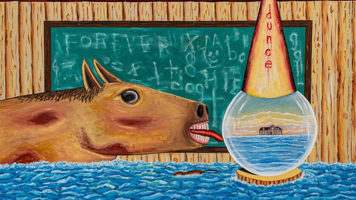 Painting of horse sticking out tongue in water with snow globe and dunce cap in front of school chalkboard