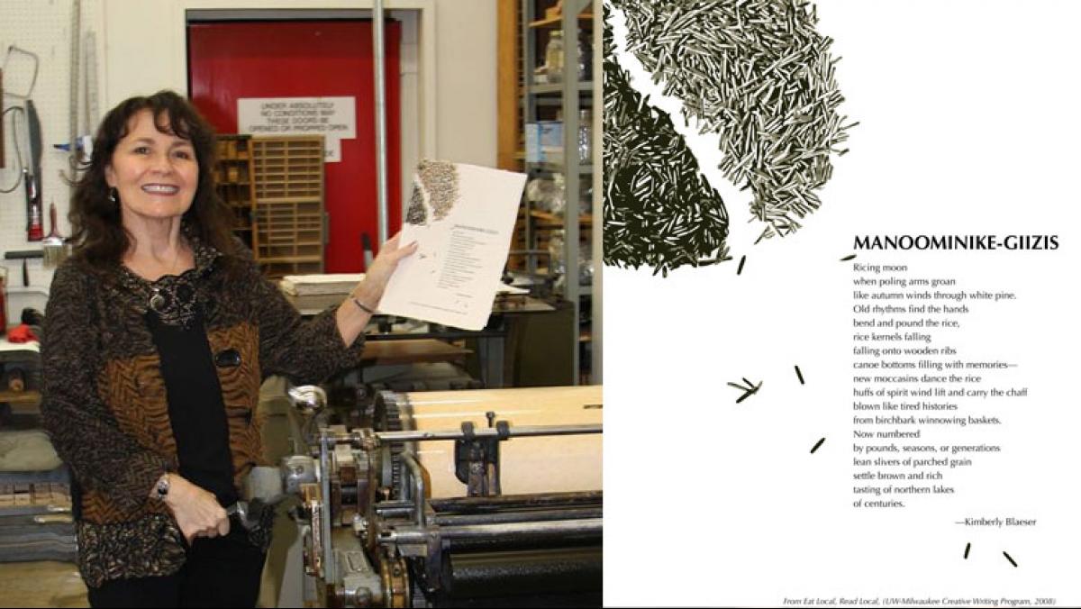 Wisconsin Poet Laureate Kimberly Blaeser holds a printed broadside of her poem Manoominike-Giizis = Ricing Moon, designed by Daniel Goscha of The Mill Paper and Book Arts to commemorate Kim’s laureateship.