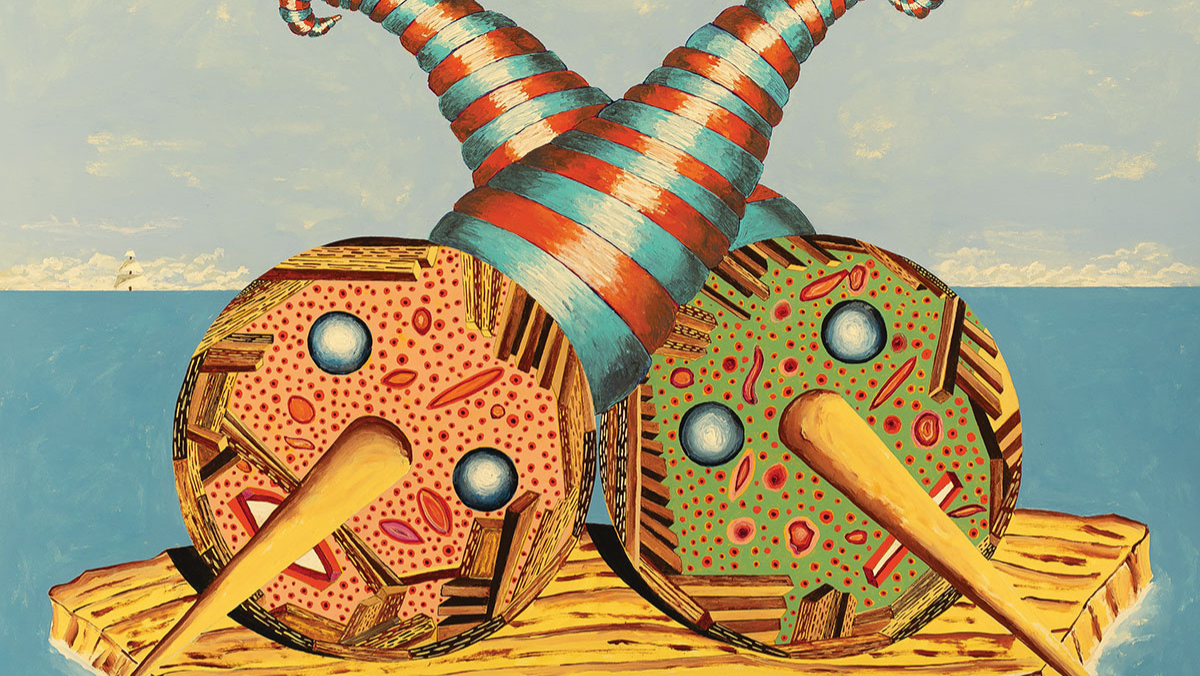 Tom Antell. The Ownership of a Plank. 2022. Acrylic and watercolor pencil on paper. 30 x 22 inches.