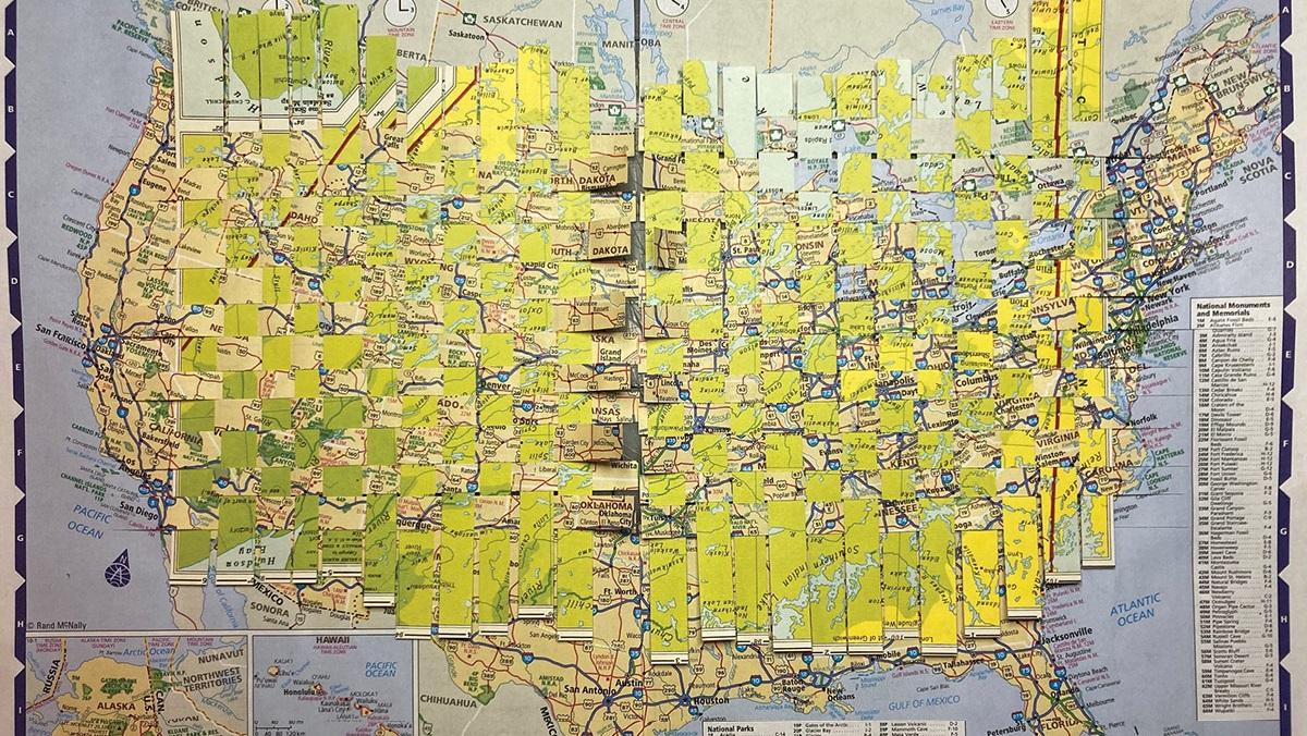 Migratory Pattern, 2023, Paper (roadmap of the Continental US and land map of Canada interwoven) 13 x 18 inches