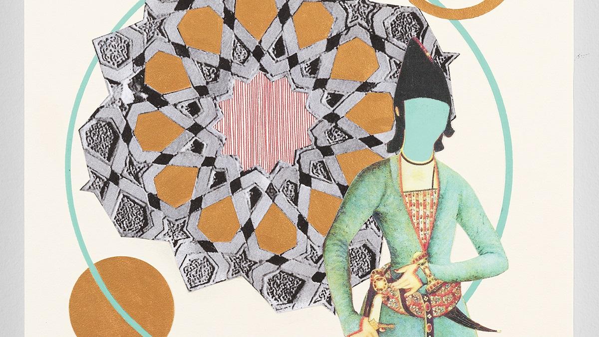 Crop of Nina Ghanbarzadeh, People of Qajar era in my studio III, 2024, line drawing, gouache, and collage on paper mounted on wood panel