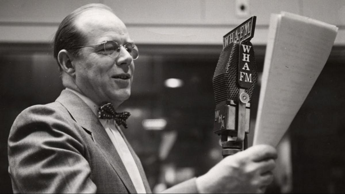 James Schwalbach recording a Let's Draw program in WHA's Radio Hall. Courtesy of the University of Wisconsin Archives #S14465.