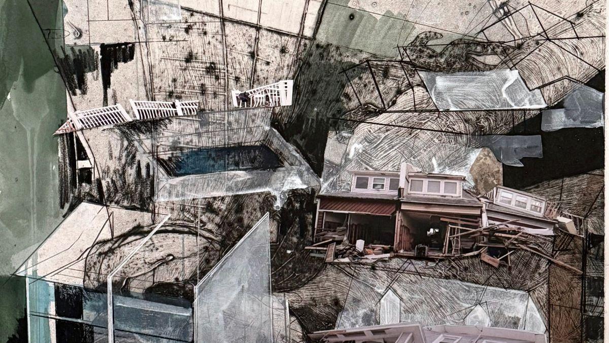 Art by Stacey Steinberg, image [cropped] of print, collage titled Fault Lines 