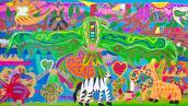 Colorful painting of large eagle with wings spanned across center, zebra, birds, and hearts against abstract landscape
