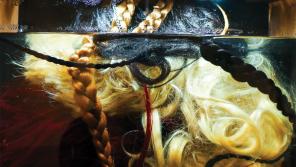 In Living Hair: Setting 001 [detail shot] 2024, Water, 2 lace-front wigs, kanekalon hair, tank with light – 12” x 6” x 8”