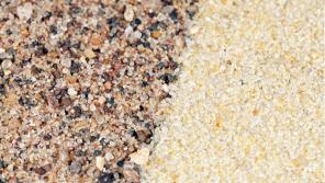The sand that you would find on a lake bottom or riverbed (left) differs from frac sand (right) on both an atomic and geologic scale.