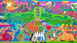 Colorful painting of large eagle with wings spanned across center, zebra, birds, and hearts against abstract landscape