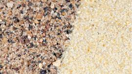 The sand that you would find on a lake bottom or riverbed (left) differs from frac sand (right) on both an atomic and geologic scale.