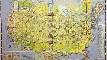 Migratory Pattern, 2023, Paper (roadmap of the Continental US and land map of Canada interwoven) 13 x 18 inches