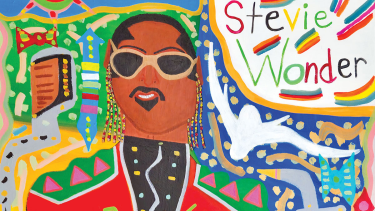 Romano Johnson. Stevie Wonder. 2025. Acrylic and glitter on canvas. 48x60 inches.