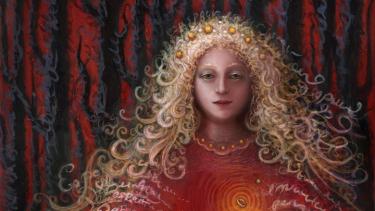 I.S. Kallick, Hope, from The Remedy of Fortune, after Machaut, 2017. Acrylic on Masonite with digital overlay, 5 x 7 inches.