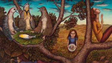 Gina Litherland, Bird Funeral, 2015. Oil on panel, 16 x 24 inches.