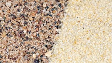 The sand that you would find on a lake bottom or riverbed (left) differs from frac sand (right) on both an atomic and geologic scale.
